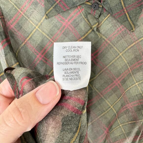 Worth New York | NWT Green Tartan Plaid 100% Silk Long Sleeve Button Down Blouse - Picture 13 of 14